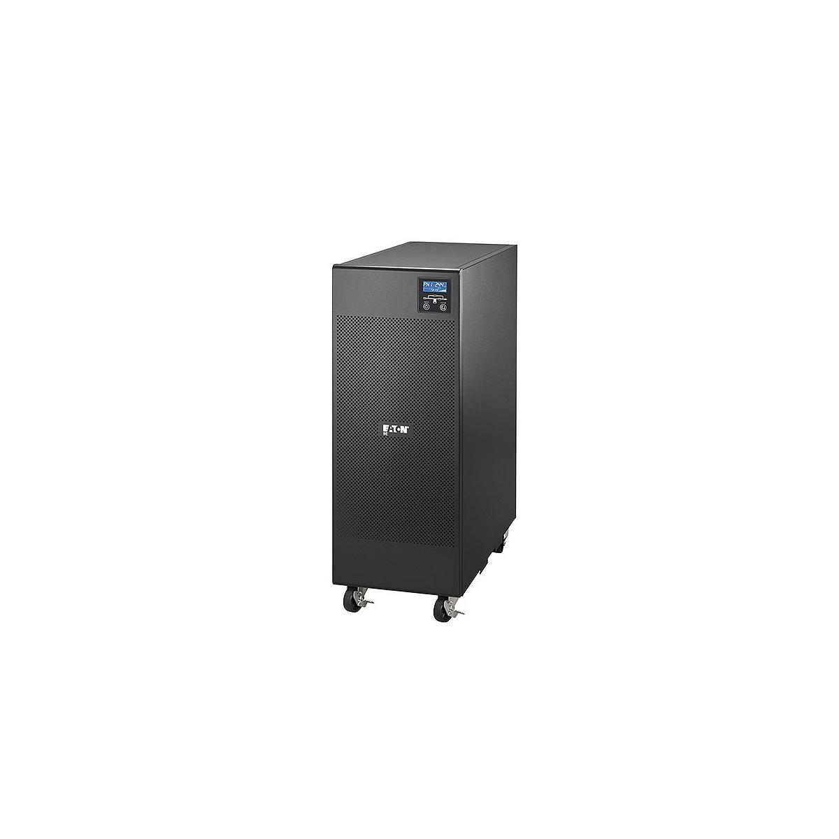 Üst kısmında dijital ekran bulunan siyah Eaton UPS ünitesi tekerleklidir.