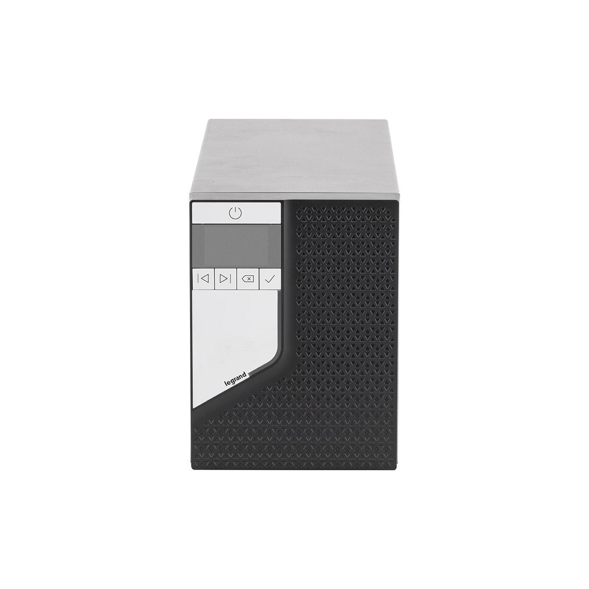 Un UPS nero e argento con display e pulsanti di controllo.