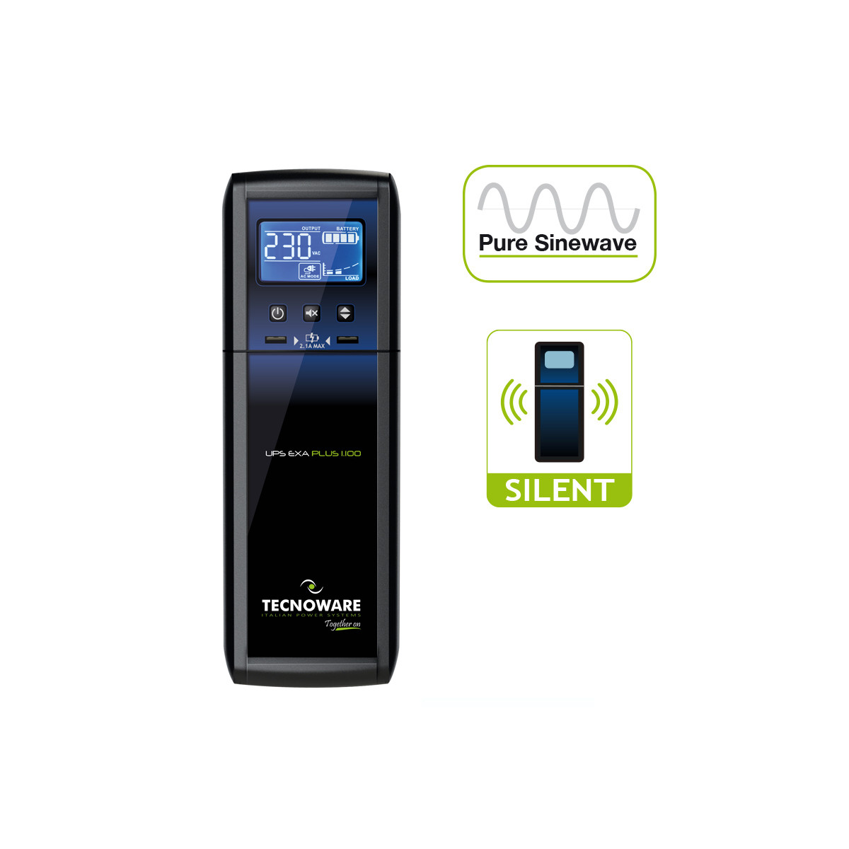 Unità UPS nera con display che mostra 230V, batteria, carico. Icone Pure Sinewave e Silenzioso.