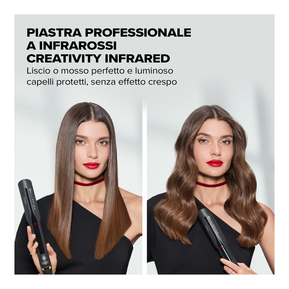 Frau mit glattem und gewelltem Haar, hält einen schwarzen Glätteisen.
