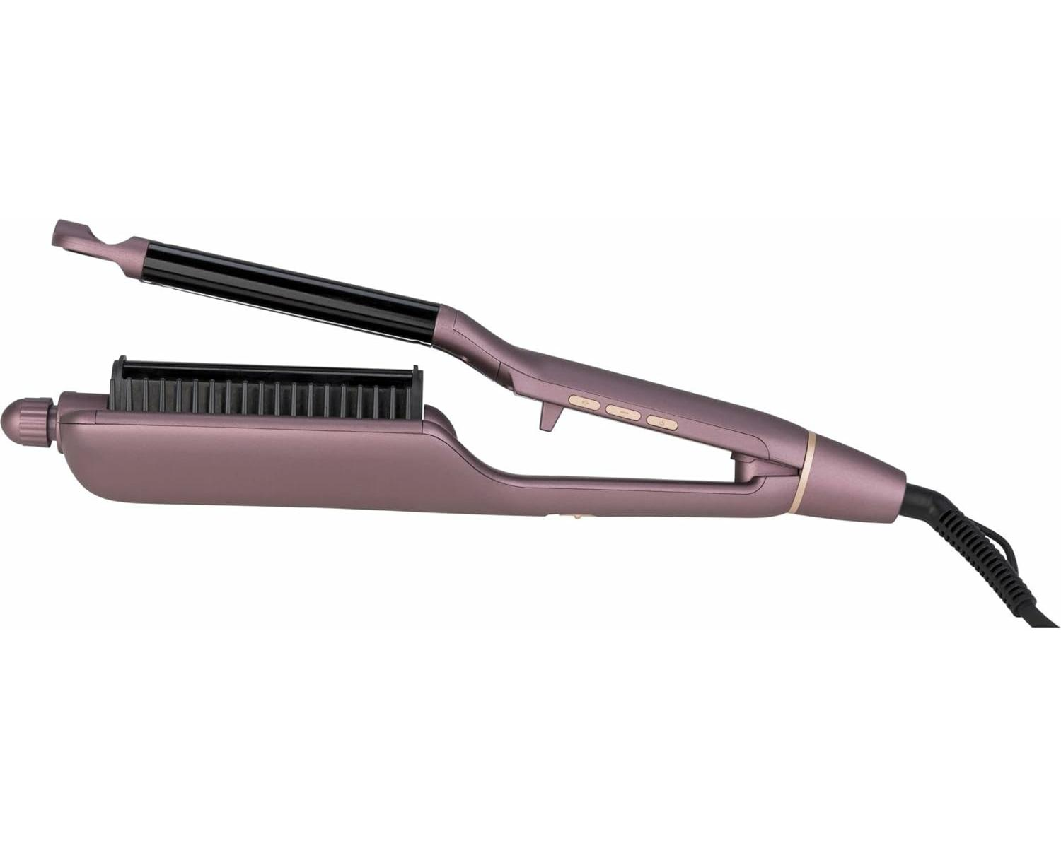 Ein rosafarbener Haarglätter mit schwarzen Wellenplatten und Kammaufsatz.