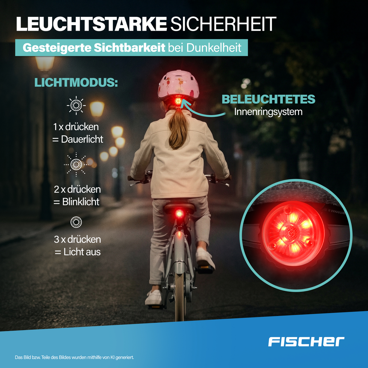 Kind fährt Fahrrad bei Nacht, mit leuchtender Helm- und Rückleuchte.