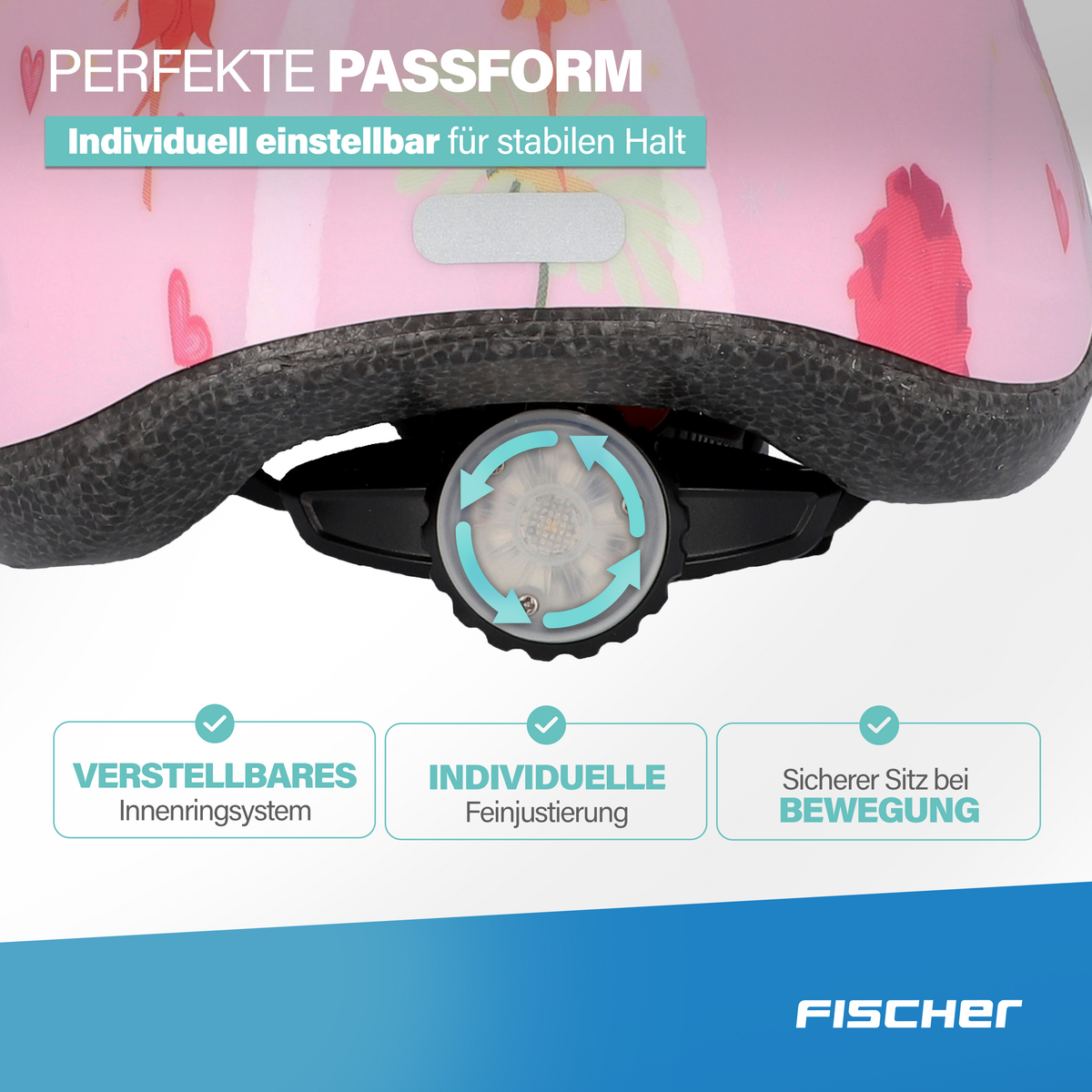 Rosa Helm mit Blumenmuster, Verstellsystem und LED-Rücklicht.