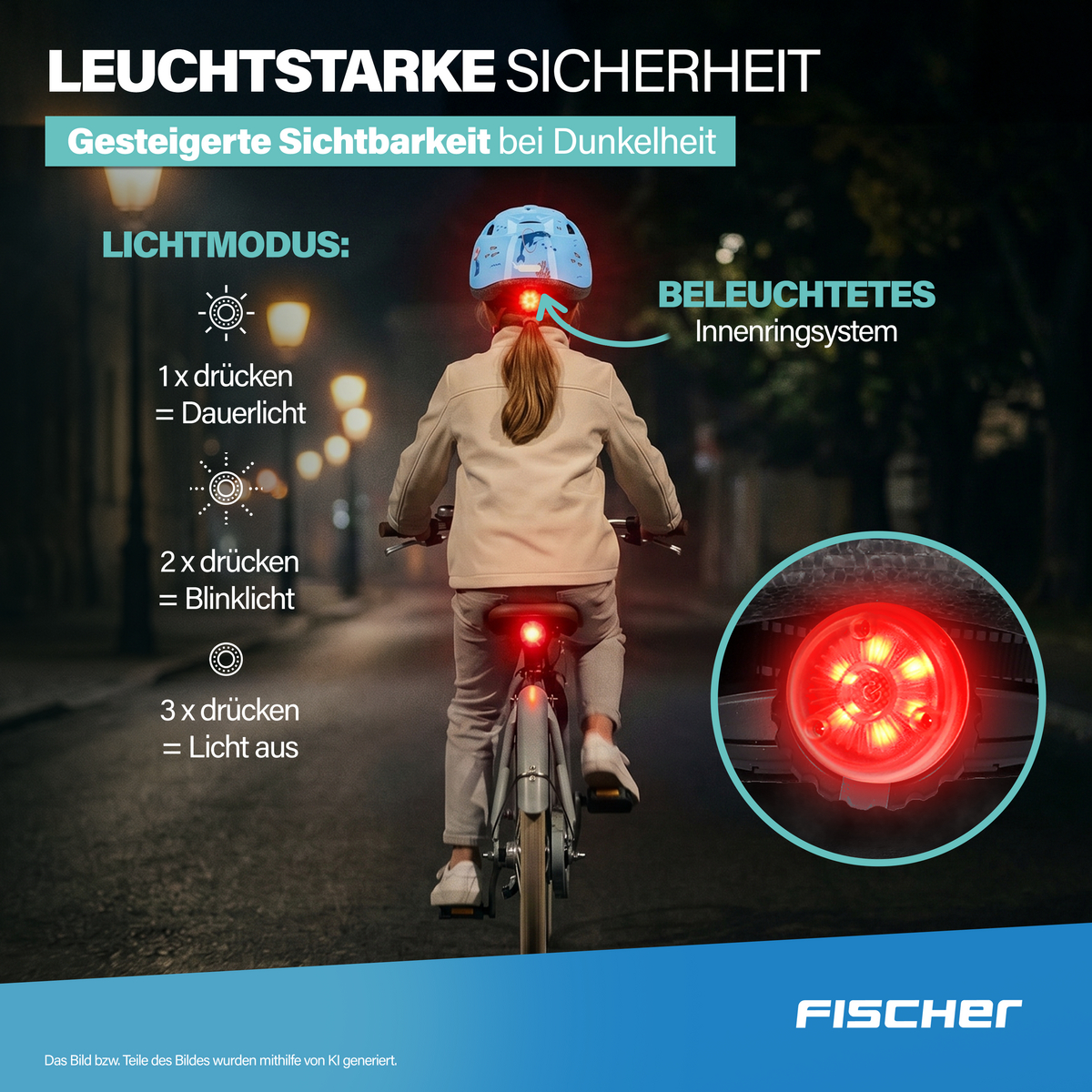 Kind mit Fahrradhelm fährt nachts, mit Leuchten am Helm und Fahrrad.