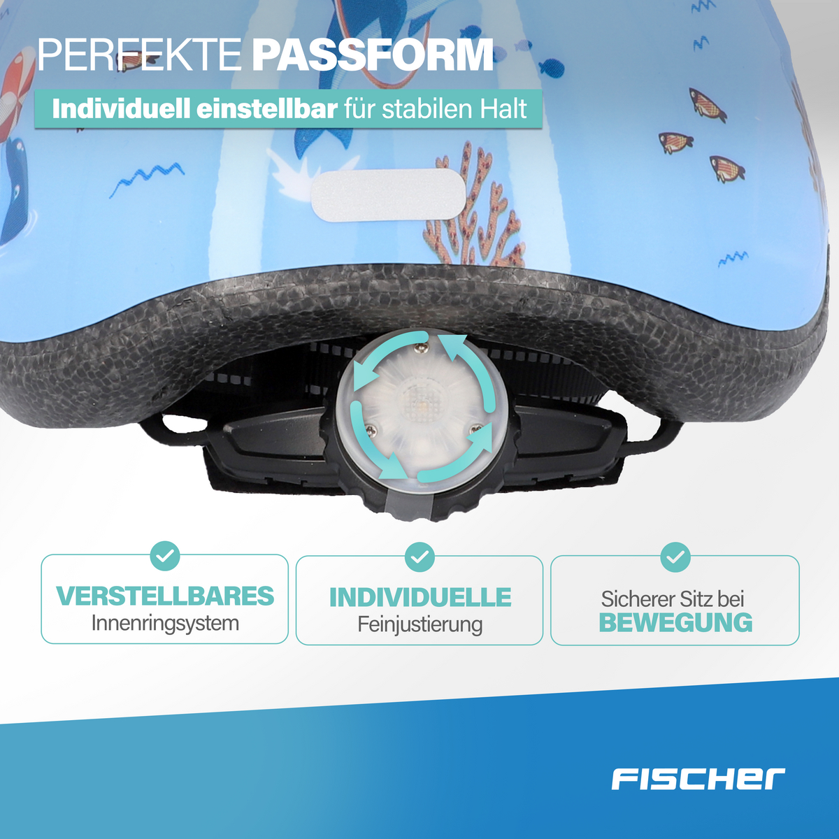 Blauer Helm mit Unterwassermotiv und Verstellrad. Texte: Perfekte Passform, Individuell einstellbar.