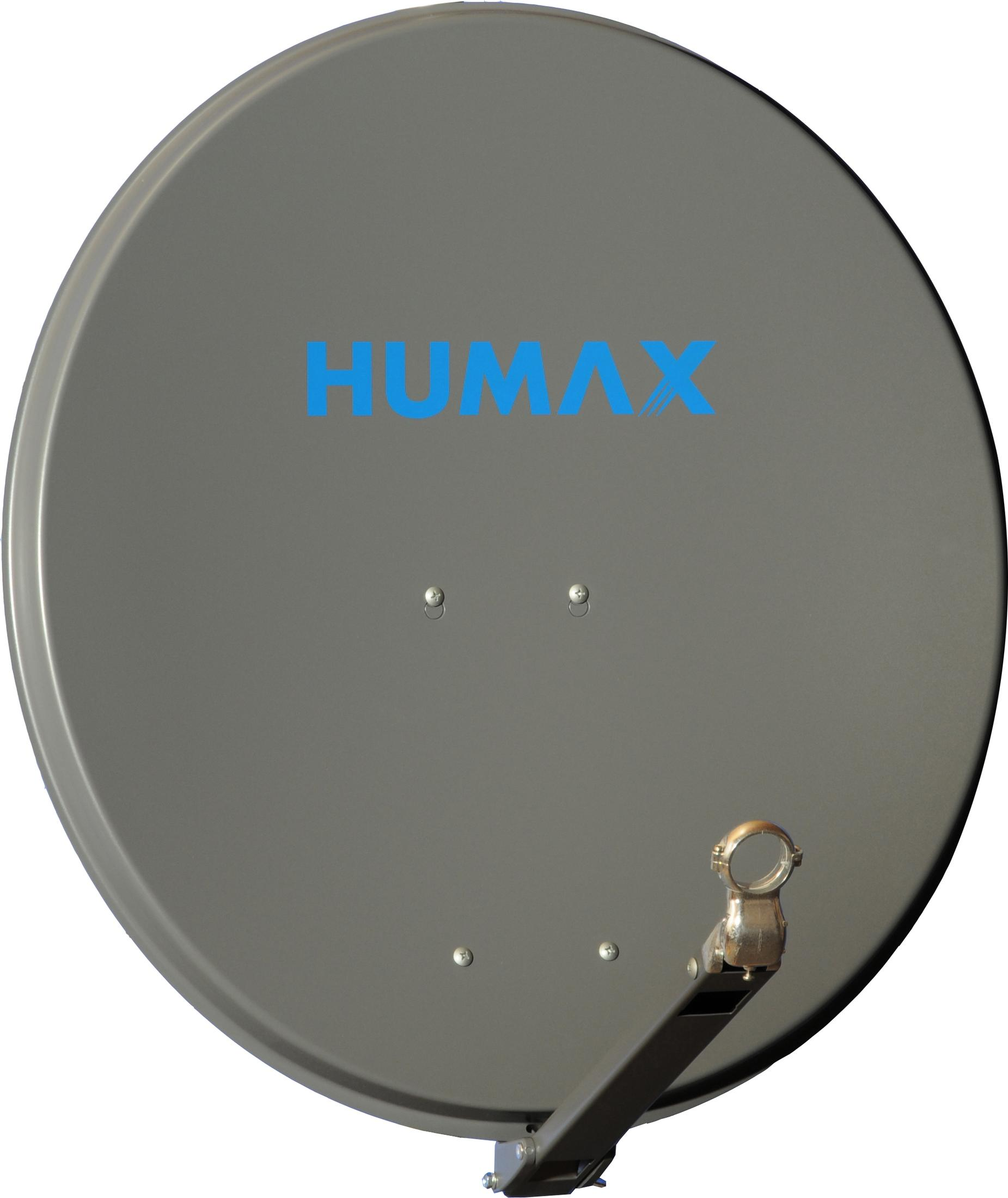 Grauer Satellitenteller mit blauem HUMAX-Logo und silbernem Halter.
