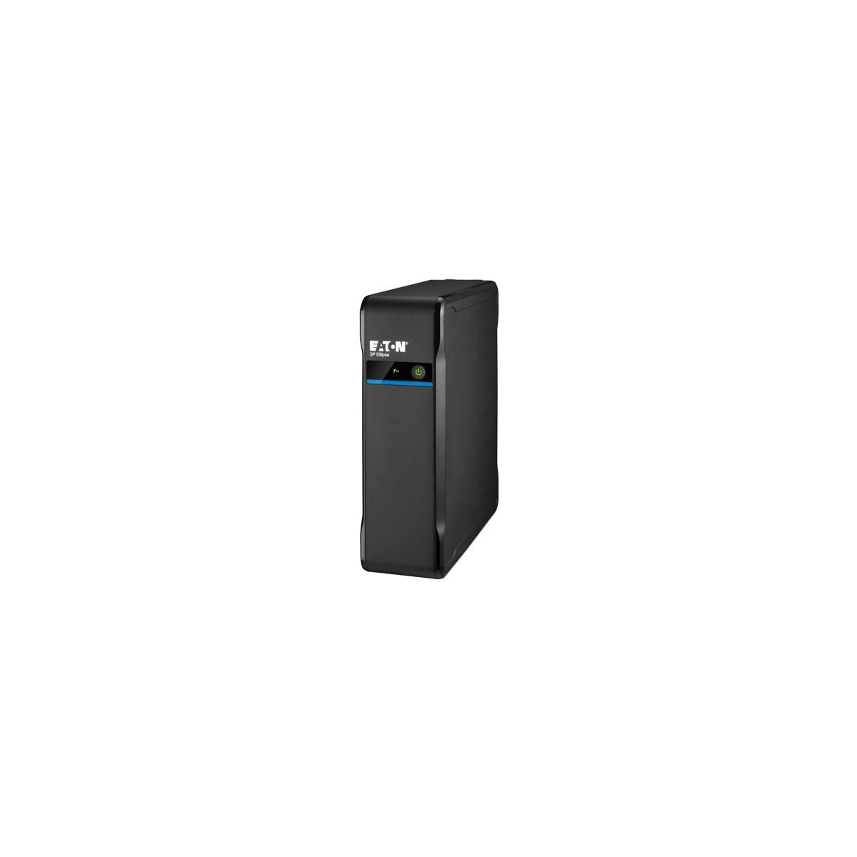 Unità UPS Eaton nera con striscia blu e pulsante di accensione.