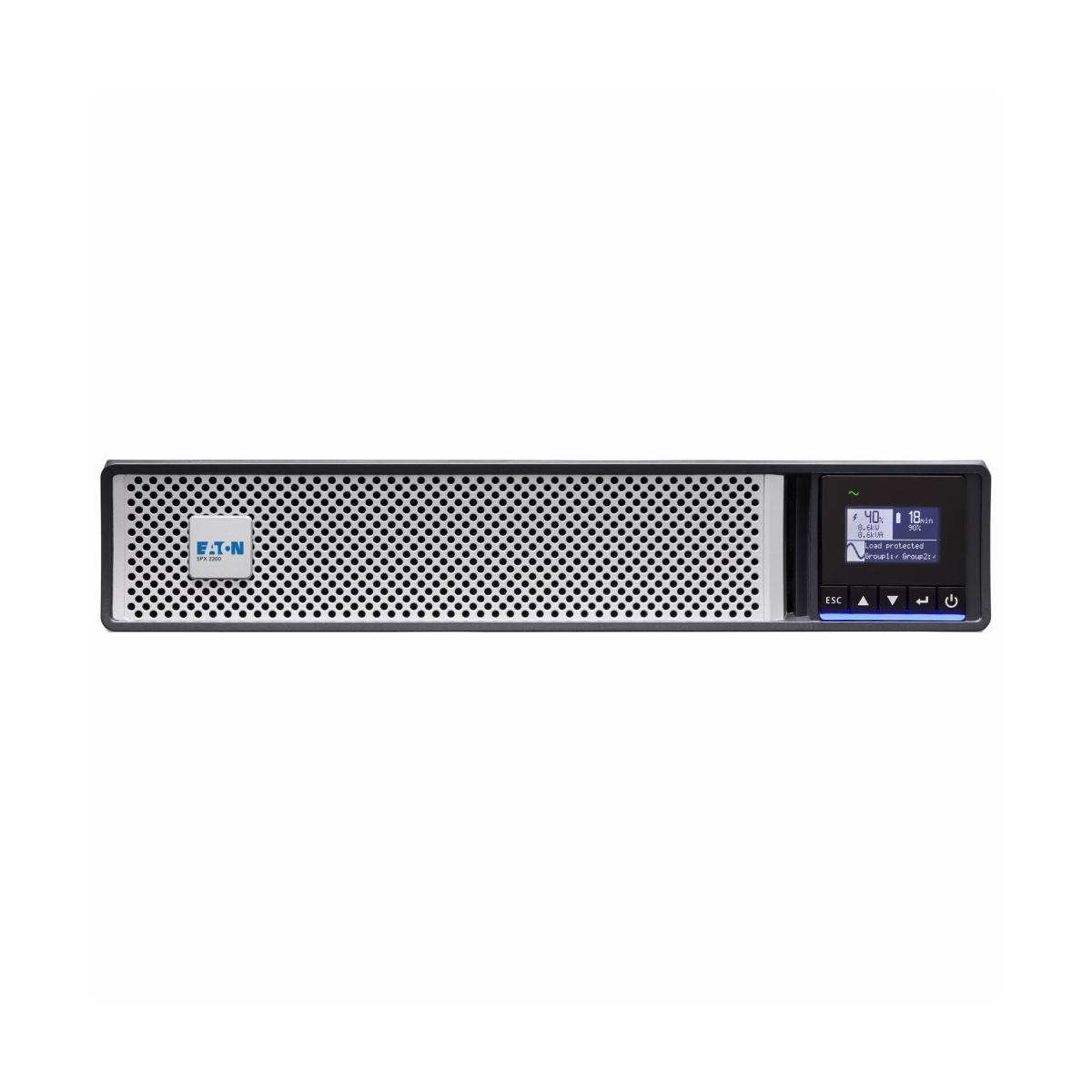 Un SAI Eaton negro con pantalla digital y rejilla de ventilación.