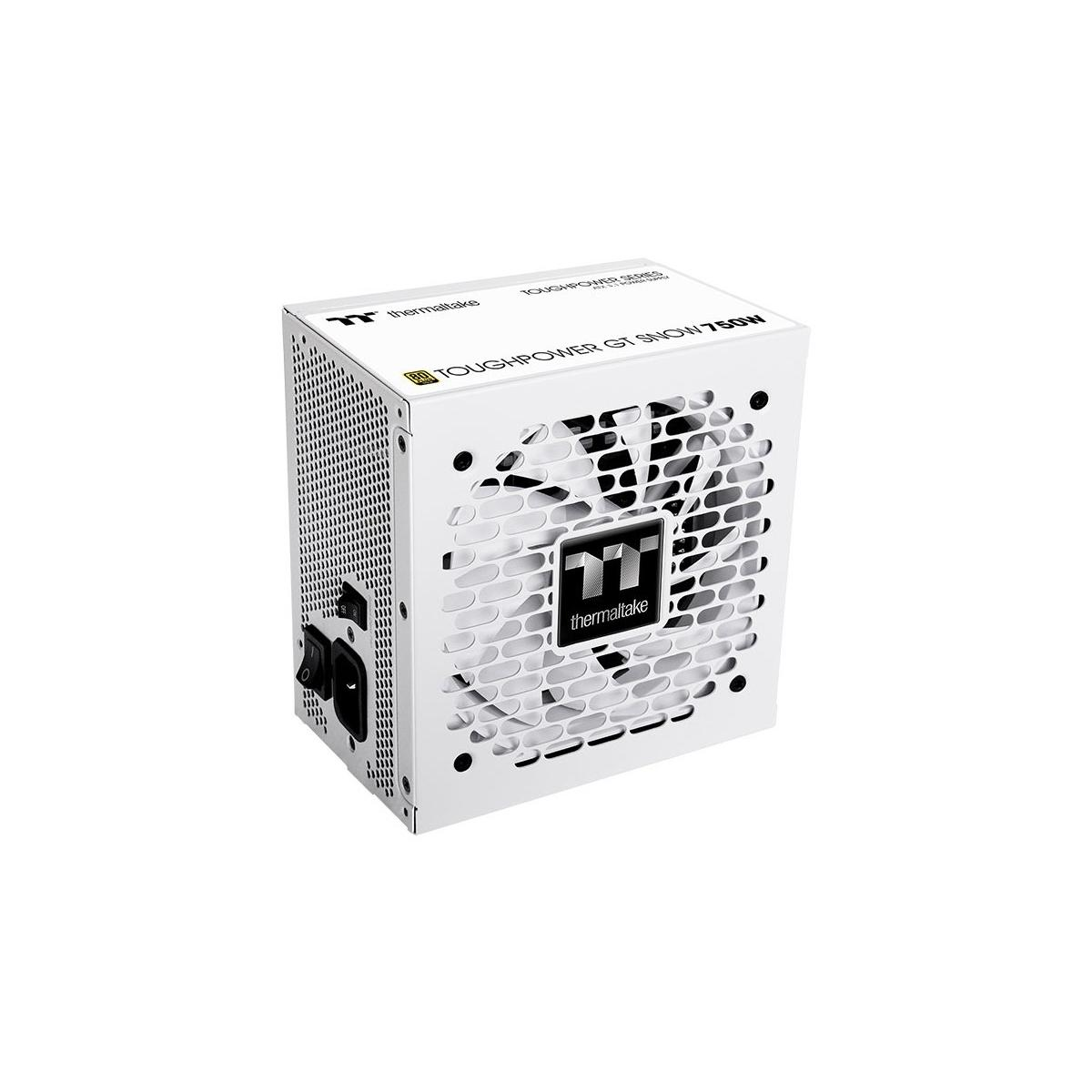 A white Thermaltake power supply unit with a fan grille and logo.