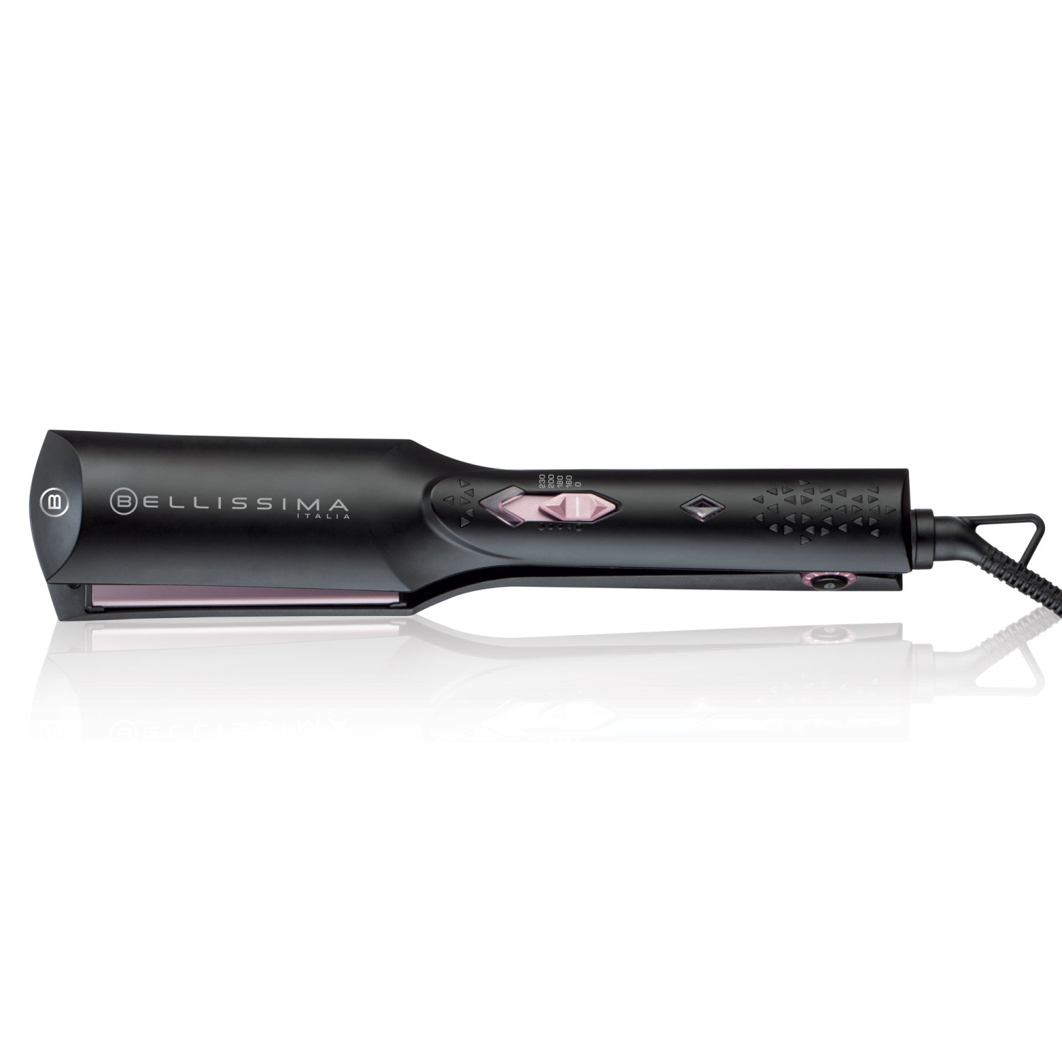 Piastra per capelli nera con accenti rosa e display digitale, su sfondo bianco.