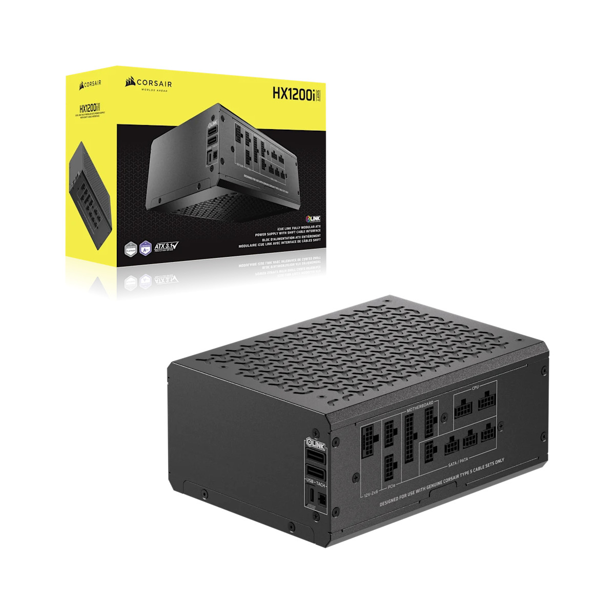 Alimentatore nero Corsair HX1200i con porte e confezione.