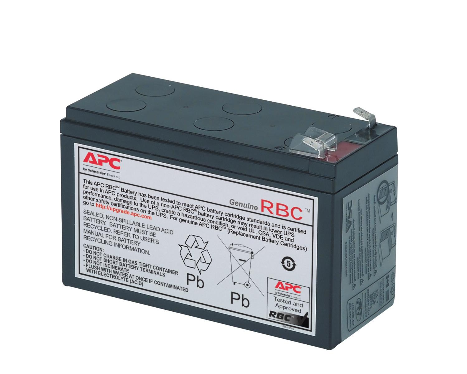 Batteria grigia APC RBC al piombo-acido con simboli e testo di avvertenza.