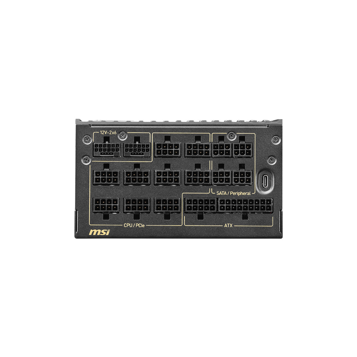 Een voedingseenheid met meerdere poorten: 12V-2x6, CPU/PCIe, SATA/Peripheral, ATX.