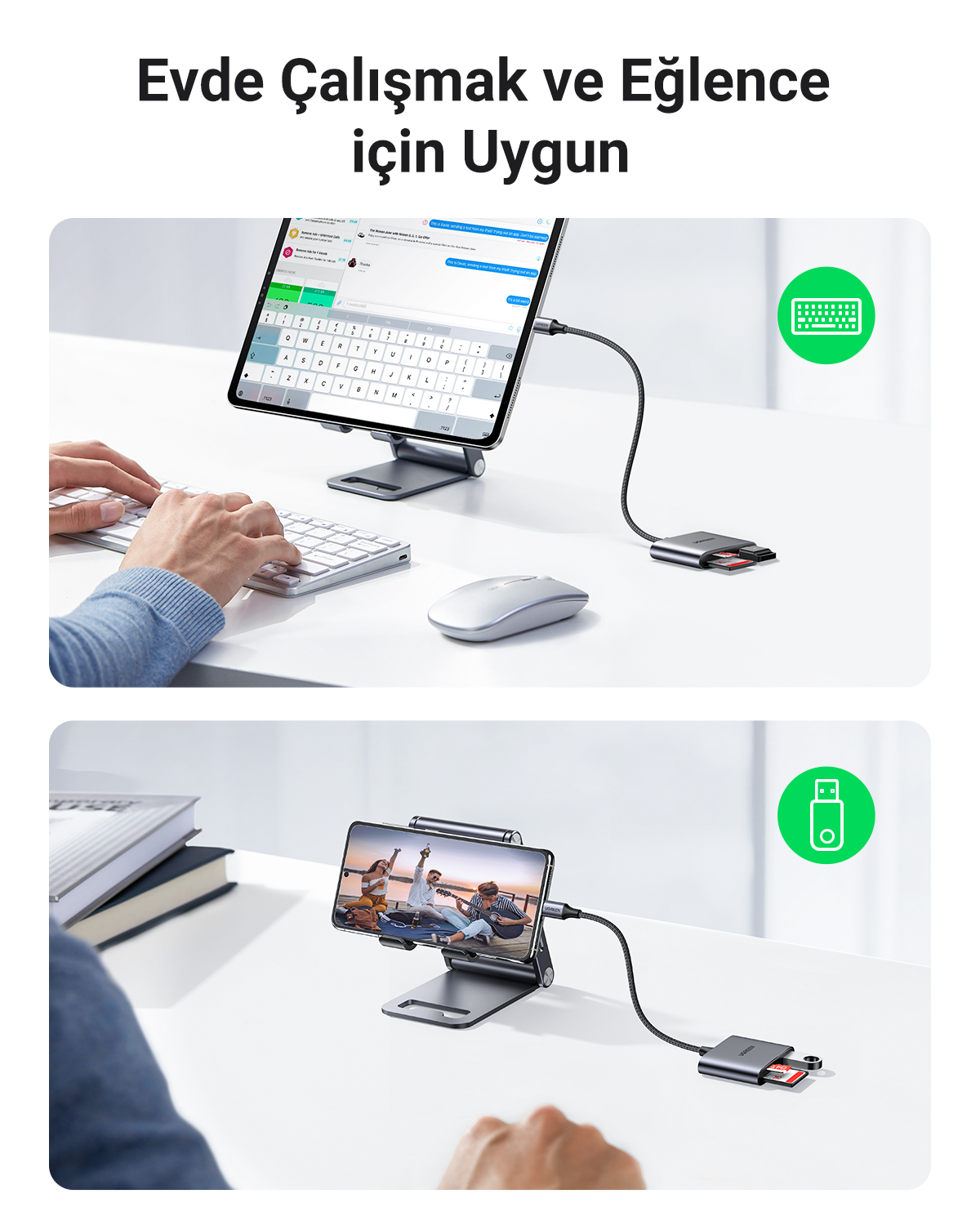 Yukarıda: Eller klavyede yazıyor, klavyeli tablet, fare, SD kartlı adaptör.