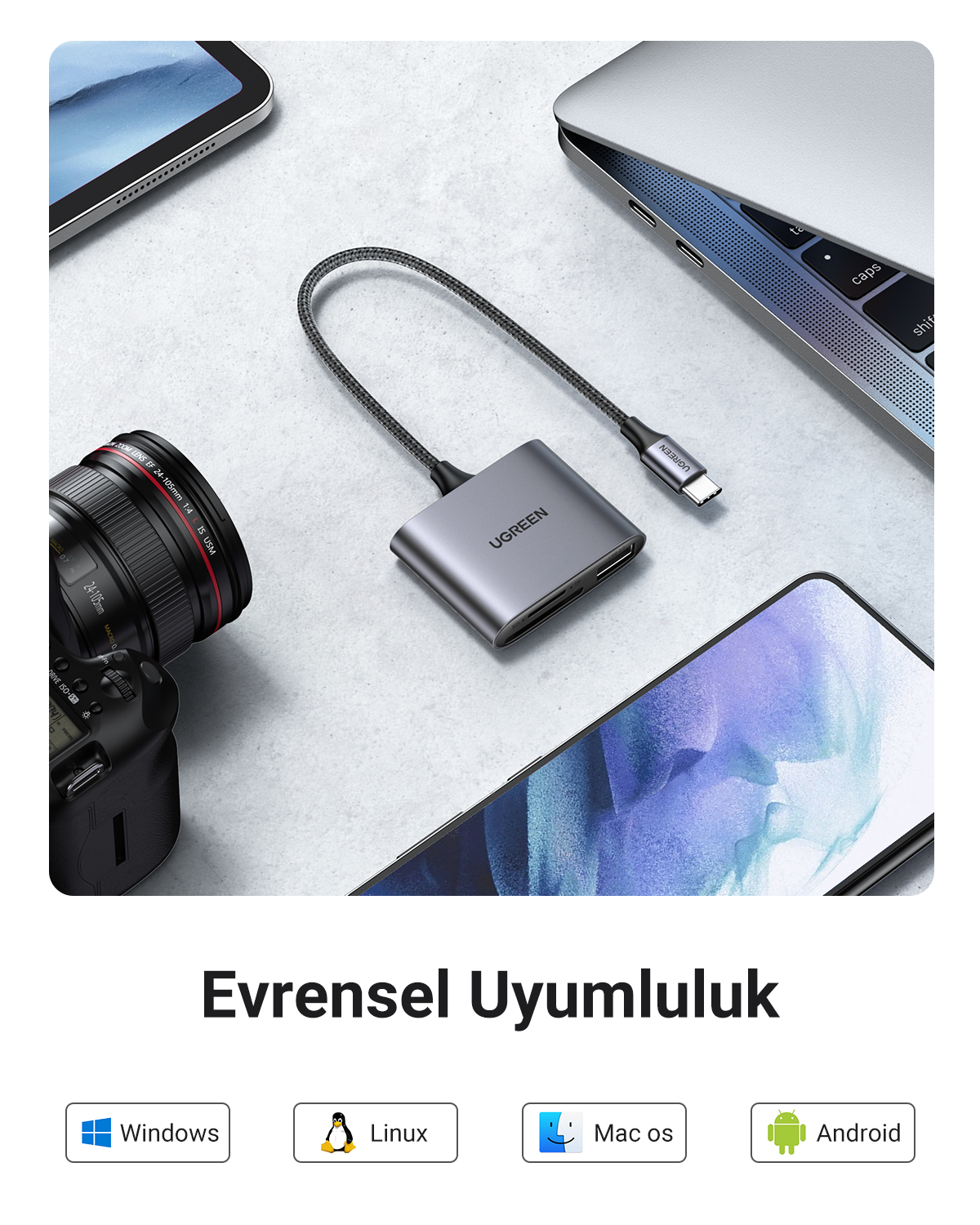 UGREEN USB-C hub, kamera, dizüstü bilgisayar ve akıllı telefon yanında.