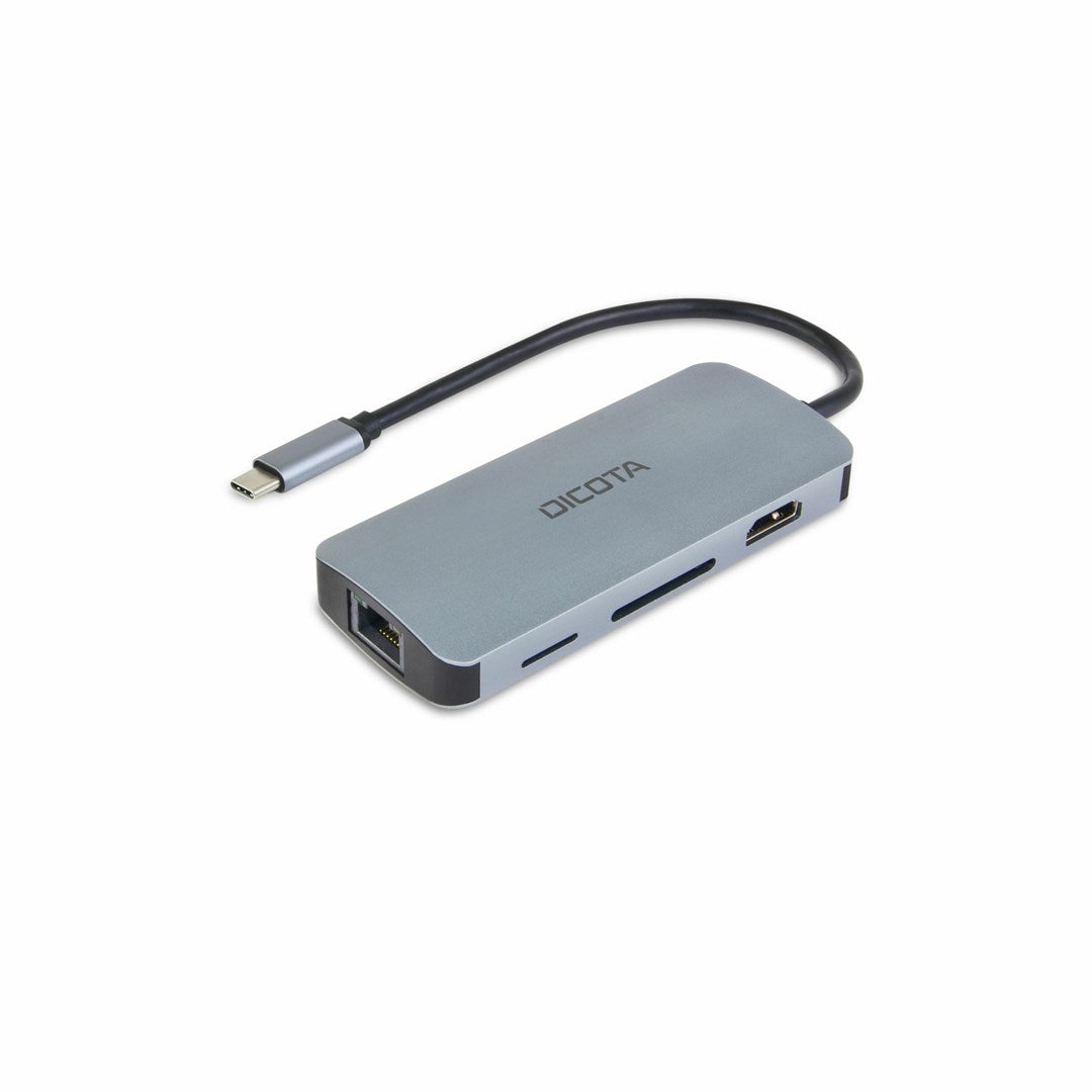 Hub USB-C Dicota grigio con HDMI, Ethernet e slot per schede SD. Sfondo bianco.