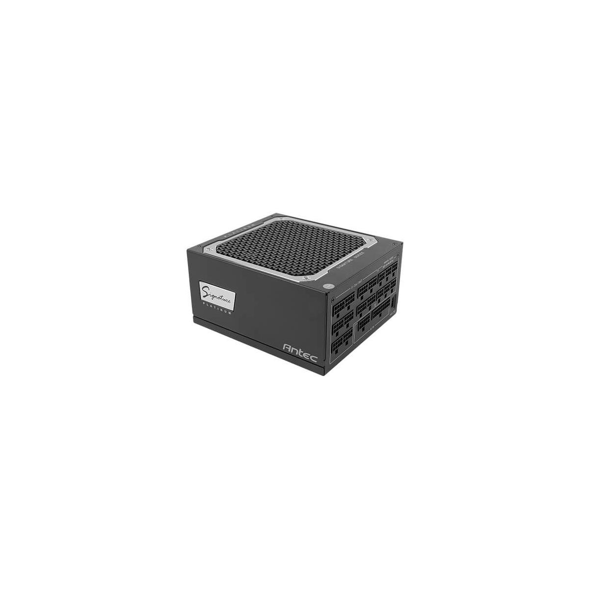 Alimentatore nero per computer con griglia argentata e connettori laterali.