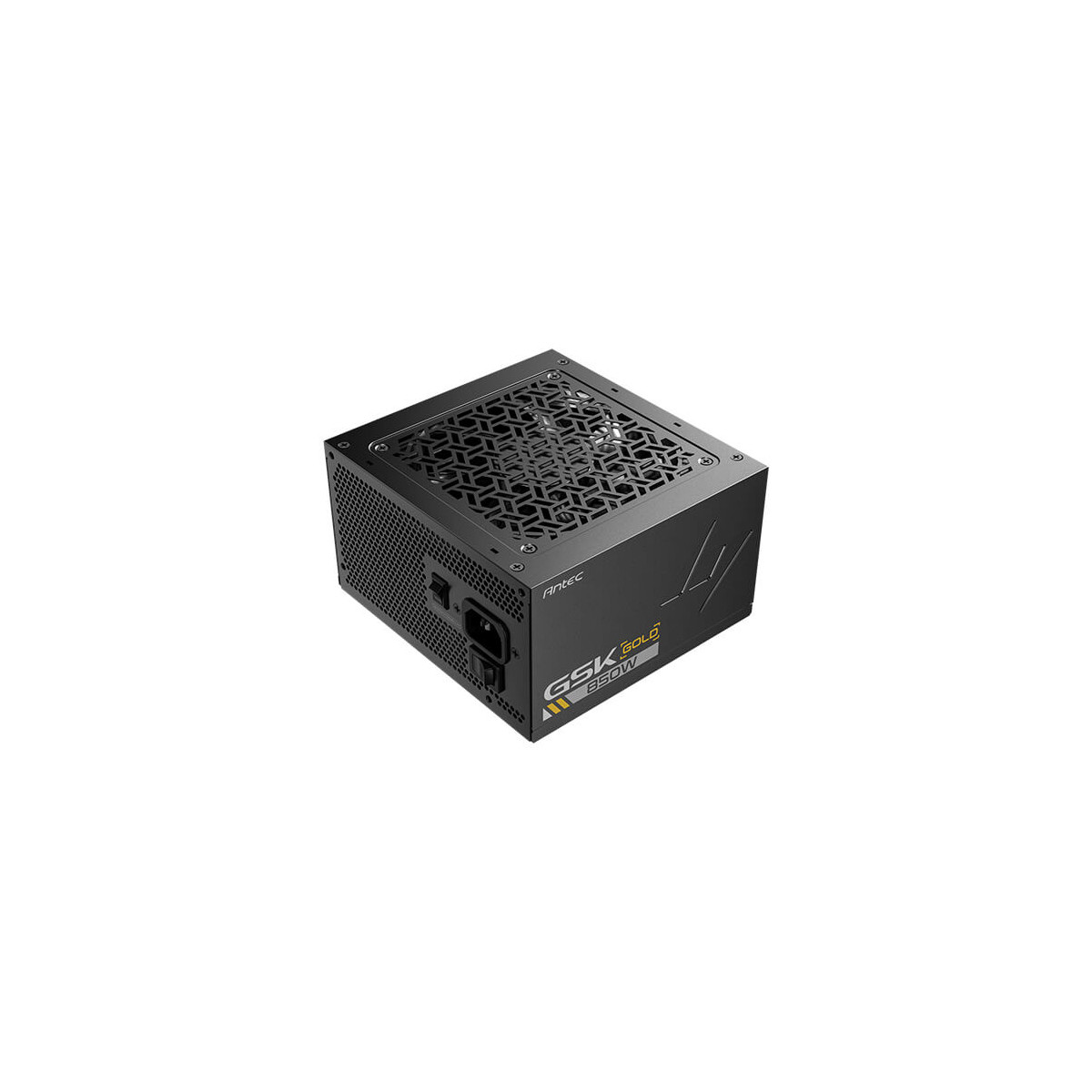 Schwarzes Netzteil mit Lüftergitter und goldener Beschriftung 'GSK GOLD 850W'.