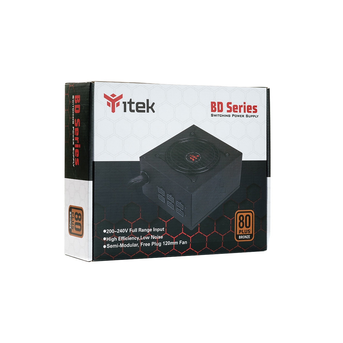 Scatola di un alimentatore nero da 1TB con ventola rossa e badge 80 Plus Bronze.