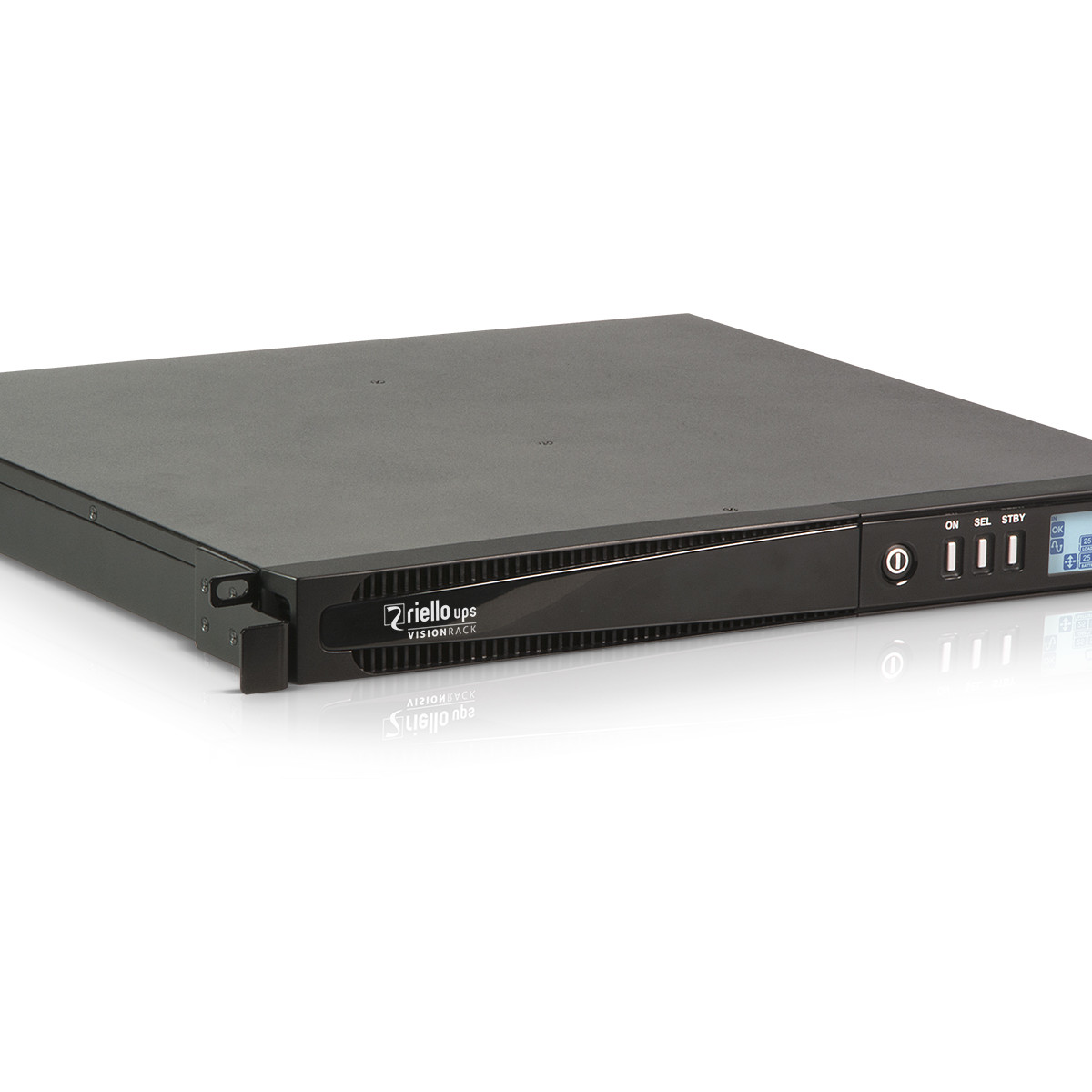 Un dispositivo Riello UPS Vision Rack negro con pantalla digital y botones.