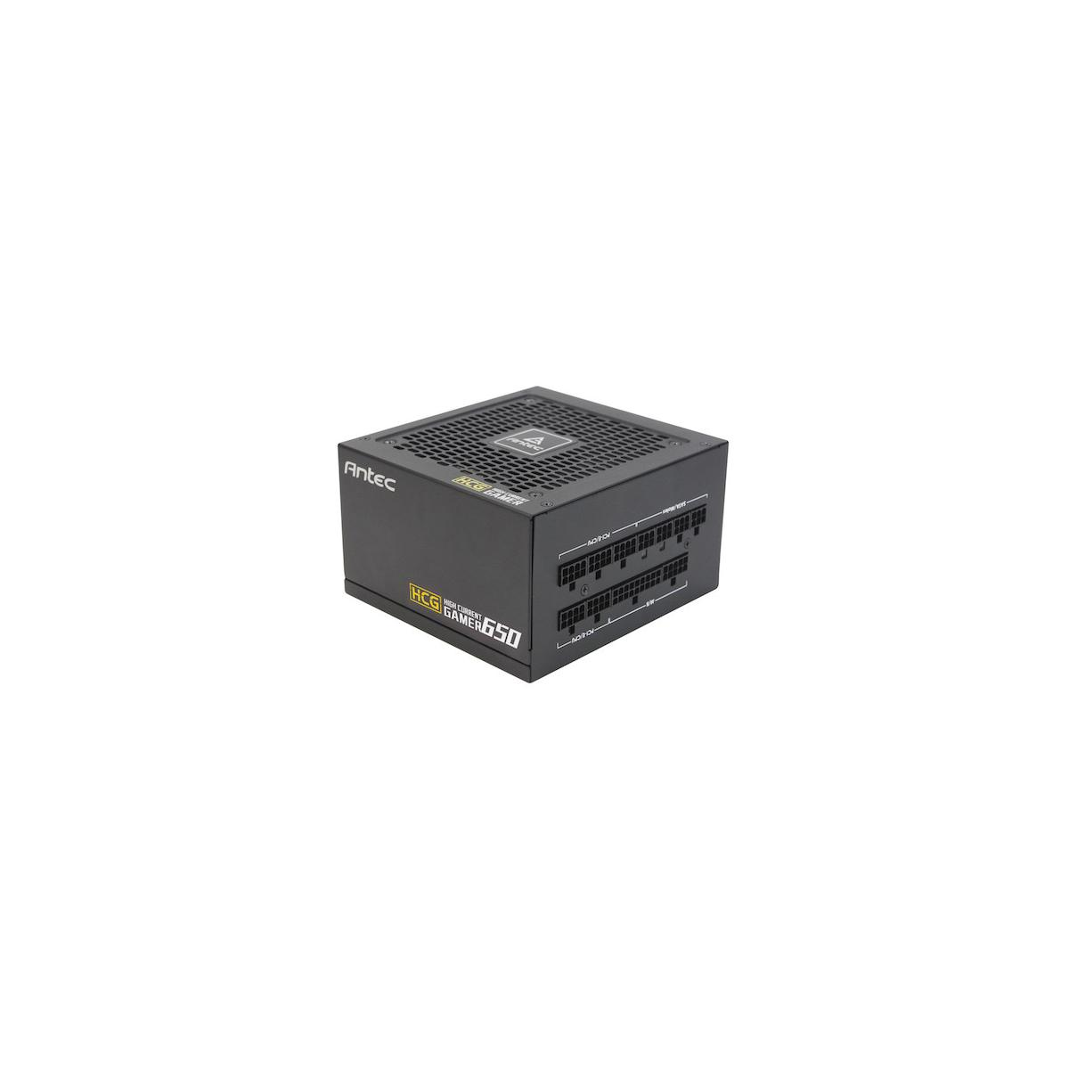 Un alimentatore Antec HCG Gamer 650 nero con connettori.