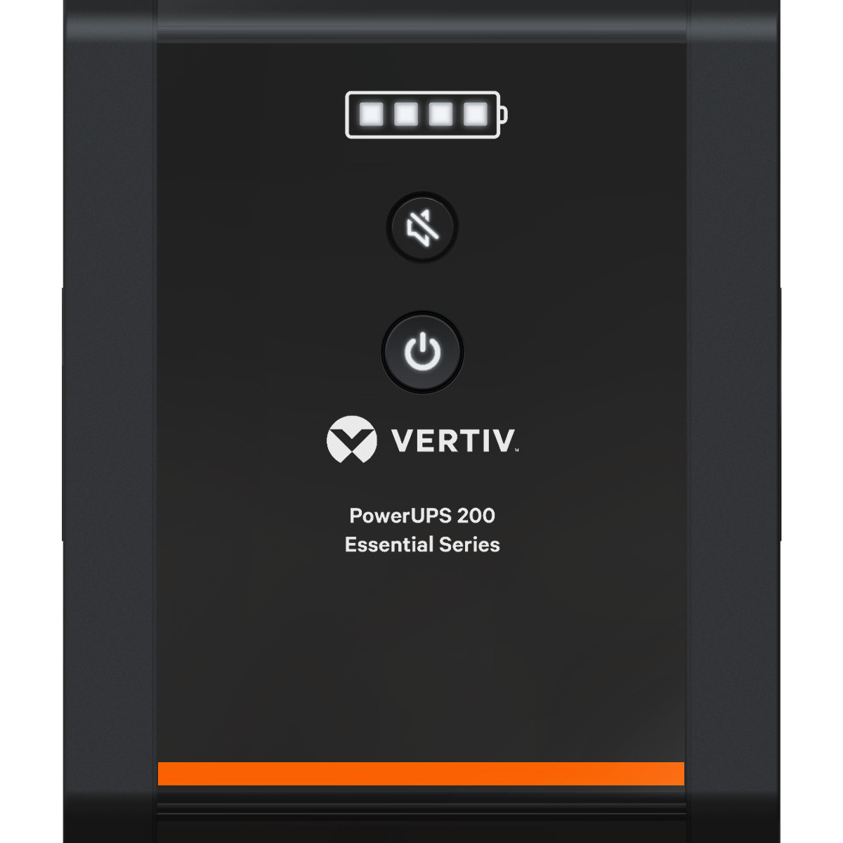 Vertiv PowerUPS 200 nero con icone batteria, muto e accensione. Striscia arancione.