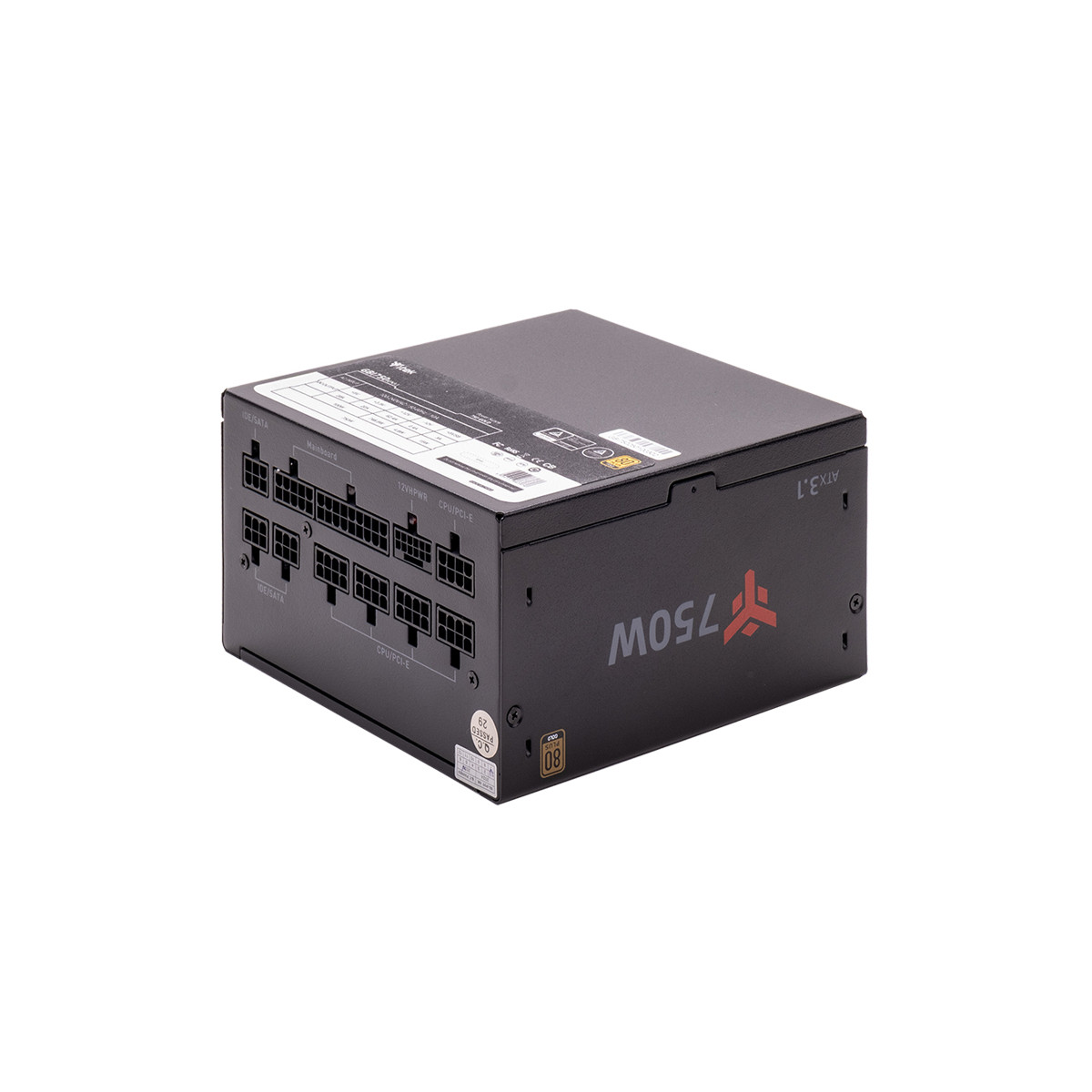 Alimentatore nero con etichette connettori e logo 750W.