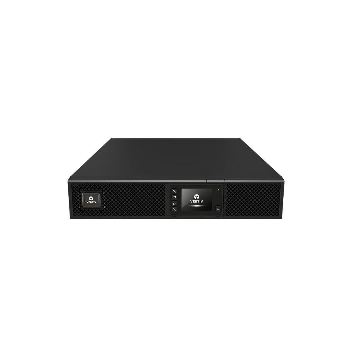 Schwarzes Rackmount-USV-Gerät mit LCD-Display und Vertiv-Logo.