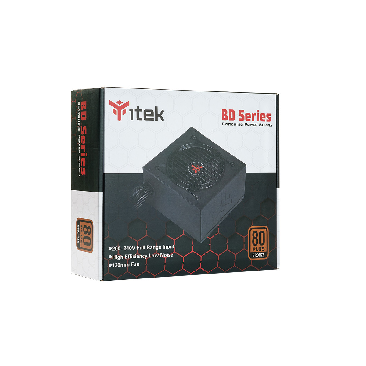 Scatola di un alimentatore nero con etichetta 'BD Series' e sigillo 80 Plus Bronze.