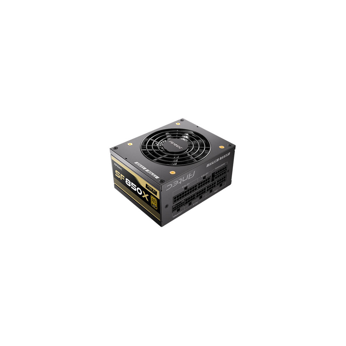 Alimentatore nero Antec SF850X con certificazione 80 Plus Gold e porte modulari.