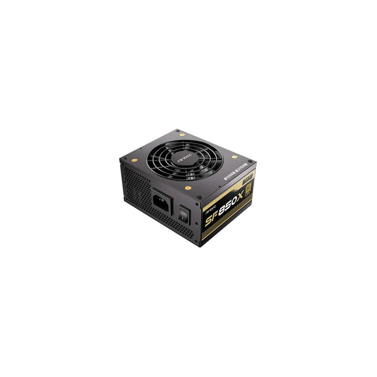 Alimentatore nero con accenti dorati e ventola, modello SF850X.