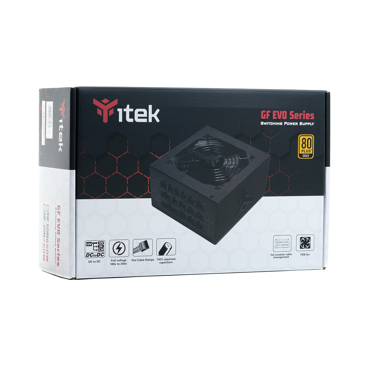 Scatola di un alimentatore Itek GF EVO Series 750W con immagine dell'alimentatore.