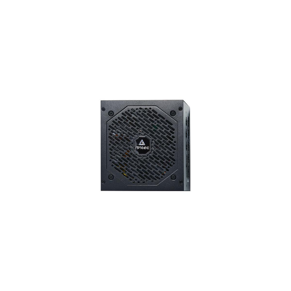 Une alimentation PC noire avec grille de ventilateur et logo Antec.