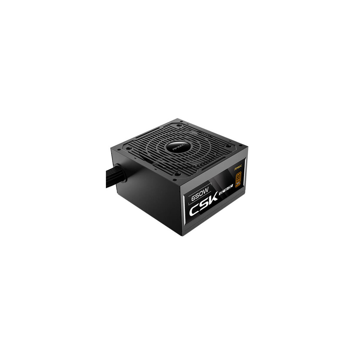 Fuente de alimentación negra de 650W con logo CSK, rejilla de ventilador arriba.