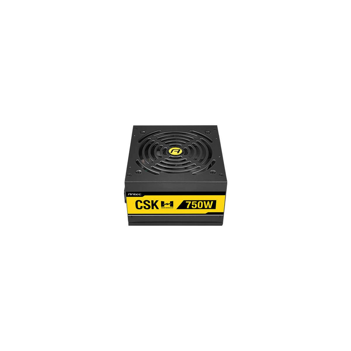Antec CSK 750W power supply unit with a black casing and yellow label.
