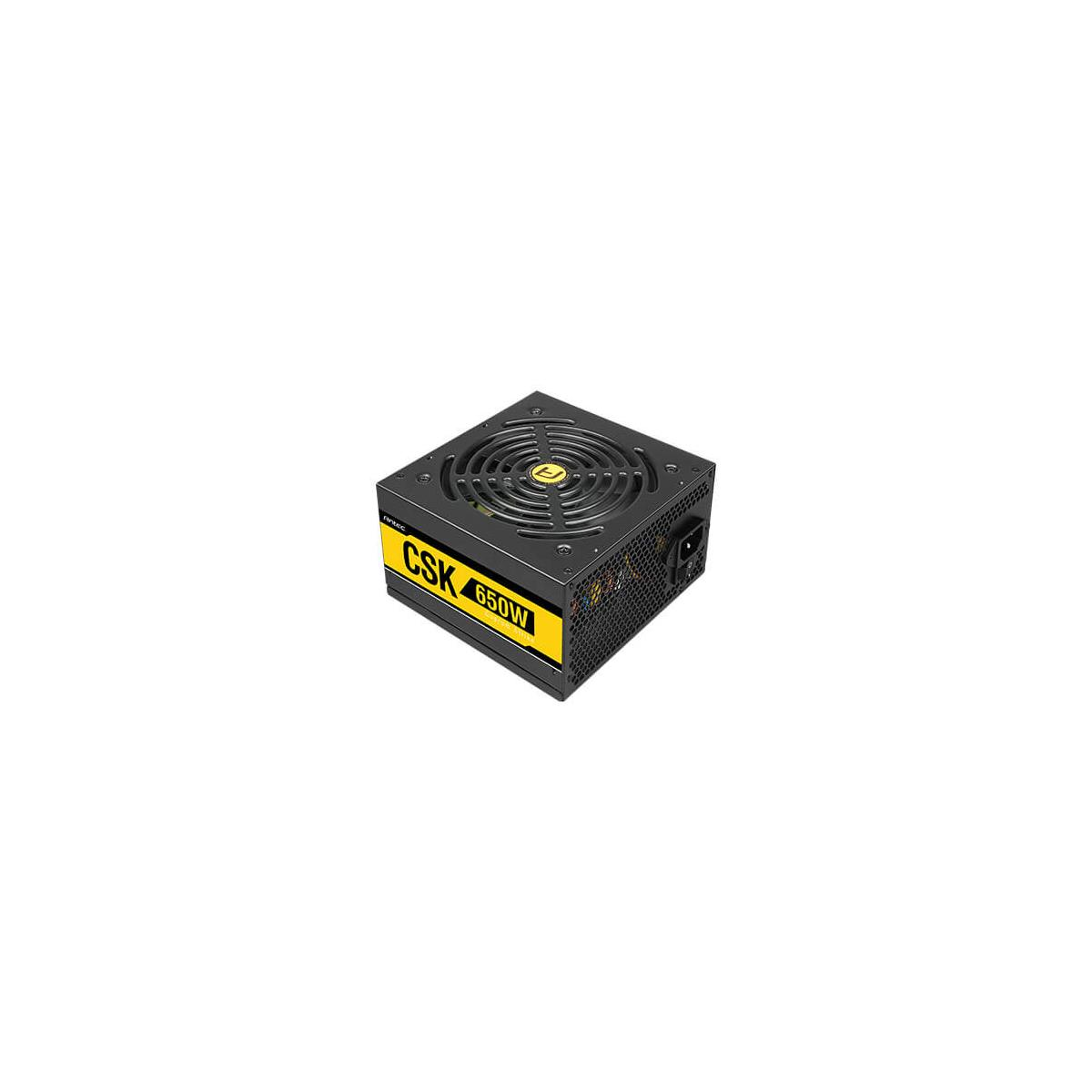 Black computer power supply unit with a yellow stripe labeled "CSK 650W".