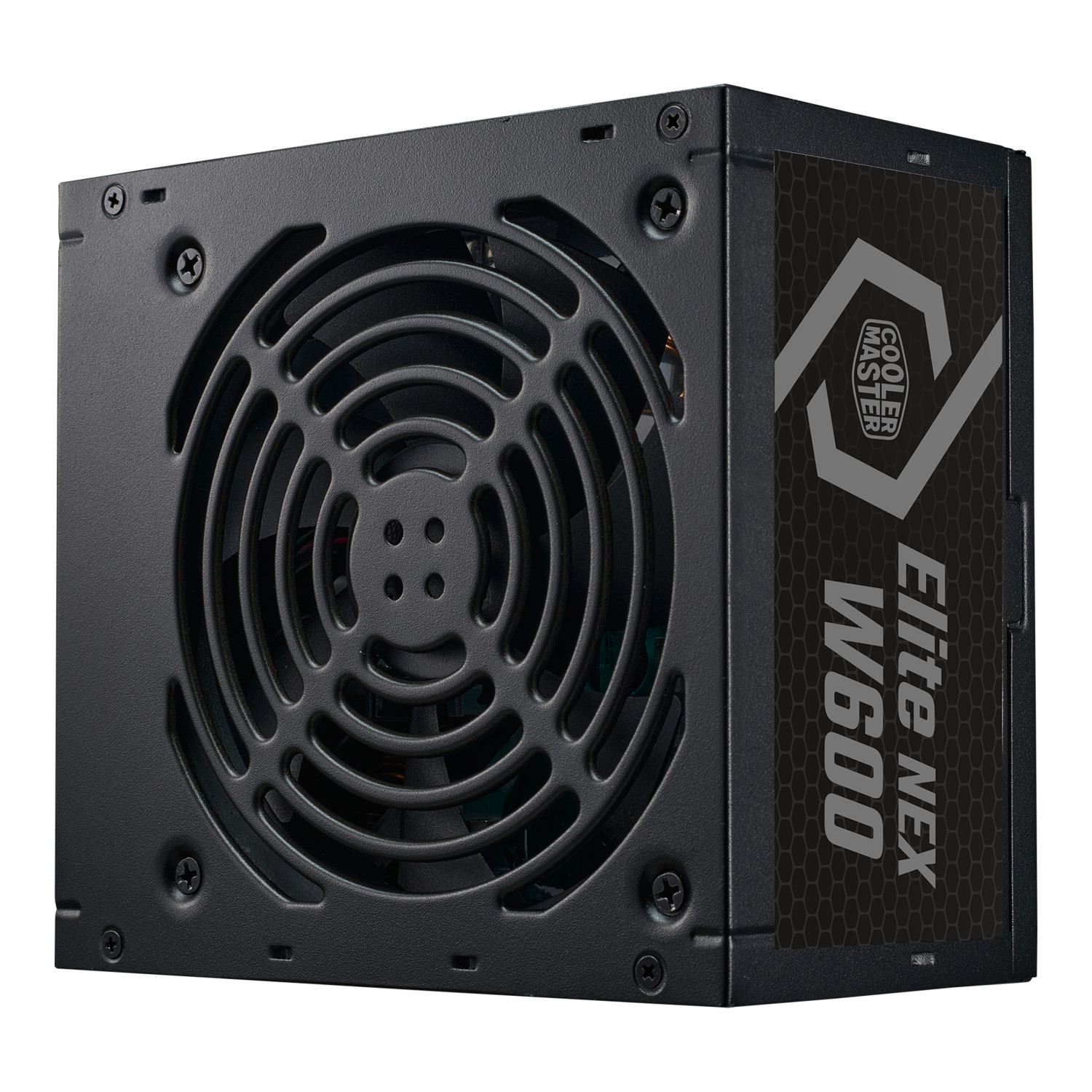 Zwarte computer voeding met ventilatorrooster en Cooler Master logo.
