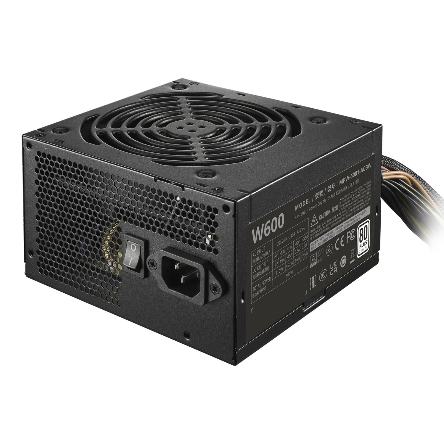 Zwarte voeding met ventilator bovenop, schakelaar en connector aan de voorkant.