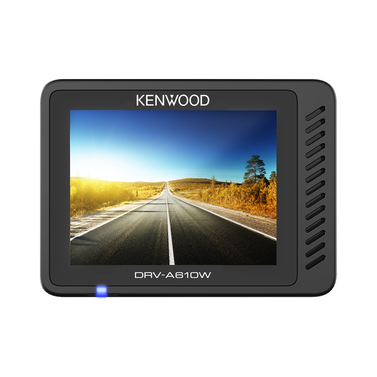 Schwarz Kenwood Dashcam mit Straßenlandschaft im Display.