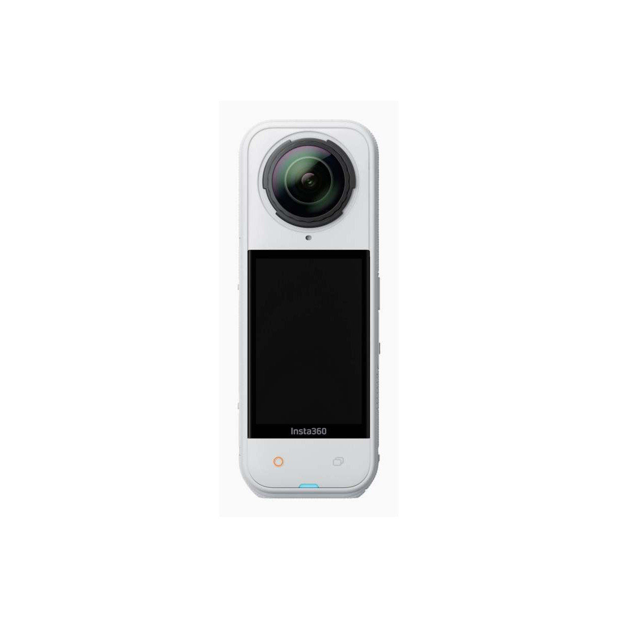 Eine weiße Insta360-Kamera mit einem Objektiv oben und einem schwarzen Bildschirm.