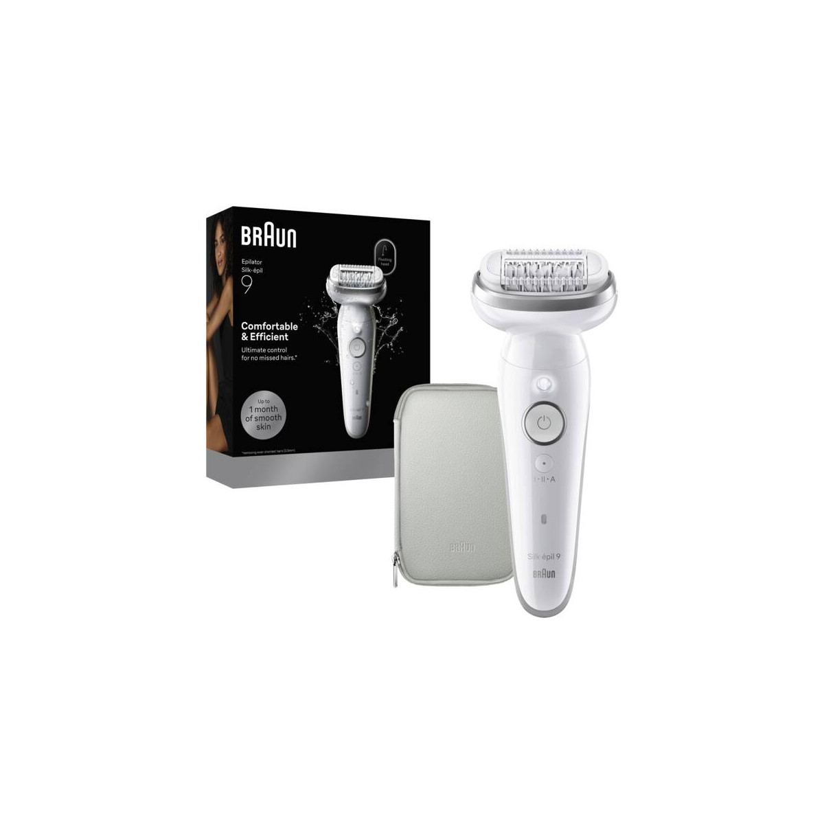 Un epilatore Braun Silk-épil 9 bianco con accessori e confezione.