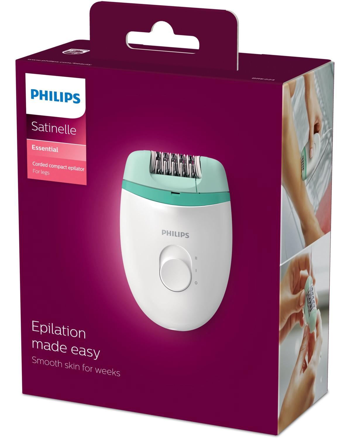 Embalaje de un depilador Philips Satinelle en blanco y turquesa.