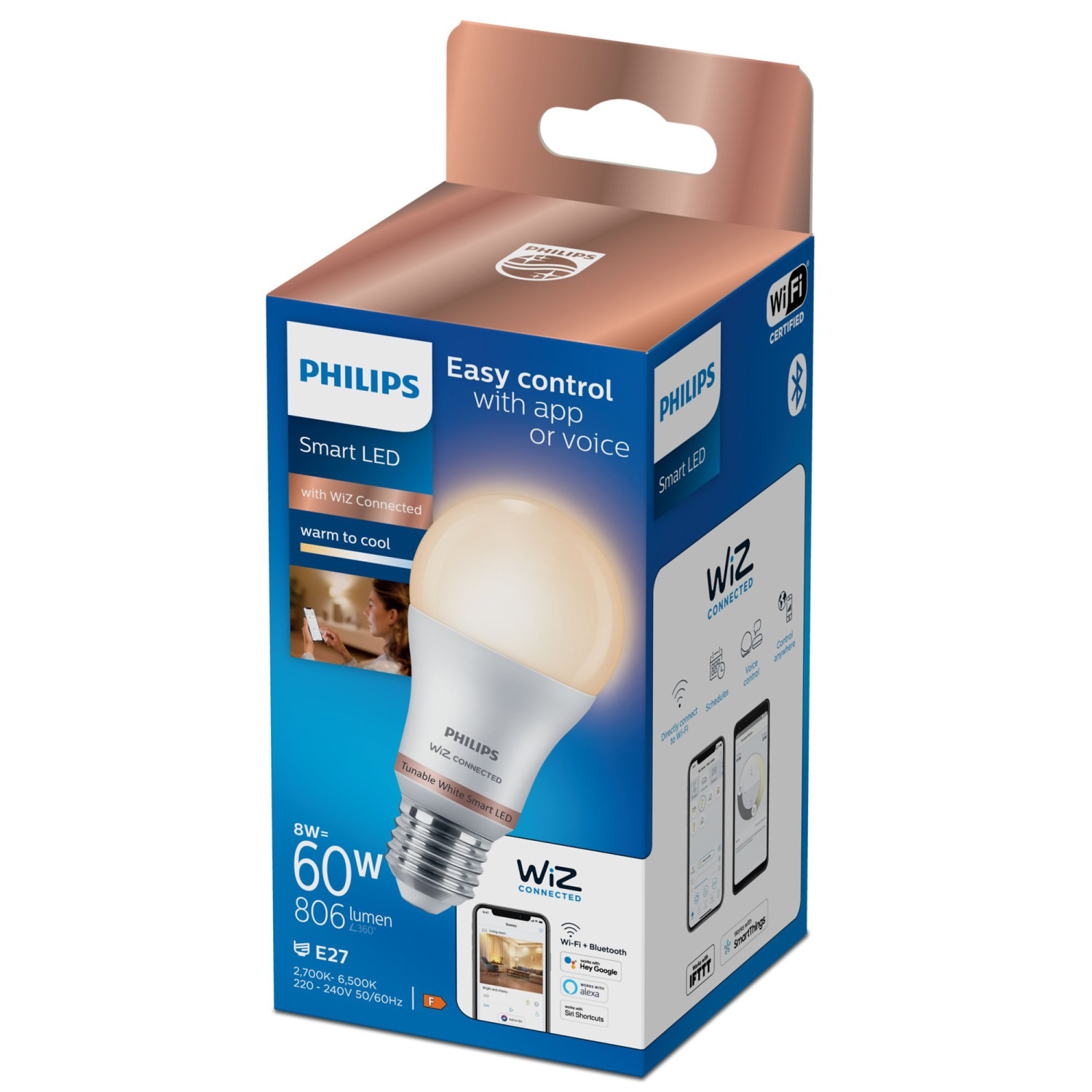Scatola lampadina LED smart Philips con funzionalità WiZ Connected e controllo app.
