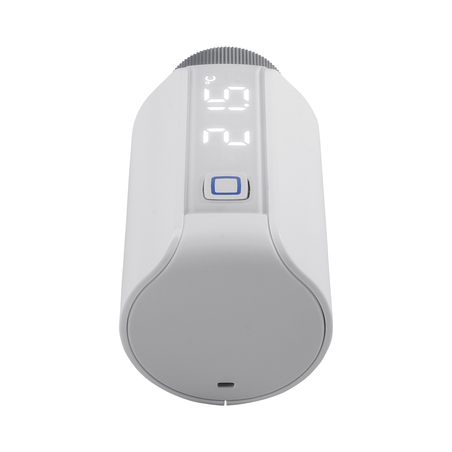 Ein weißer Thermostat mit digitaler Anzeige, die 20 Grad Celsius zeigt.