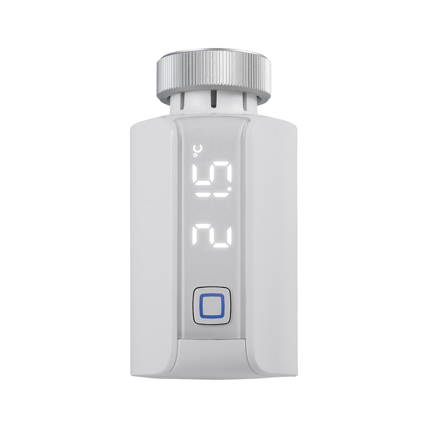 Ein weißer Thermostat mit digitaler Anzeige zeigt 21,6°C an.