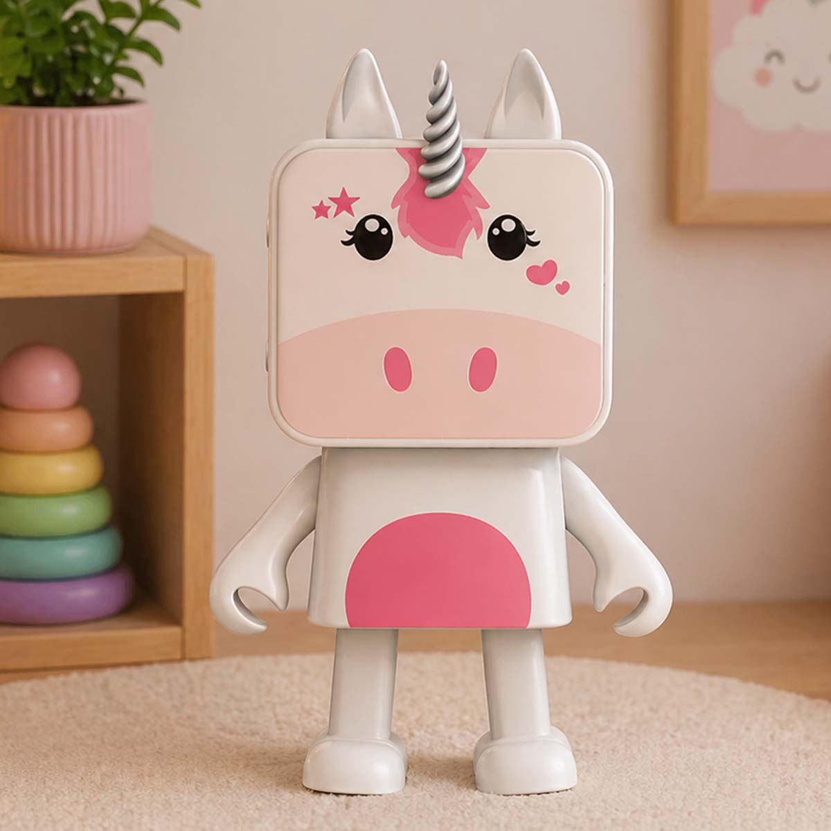 Un altoparlante bianco unicorno con accenti rosa su un tappeto.