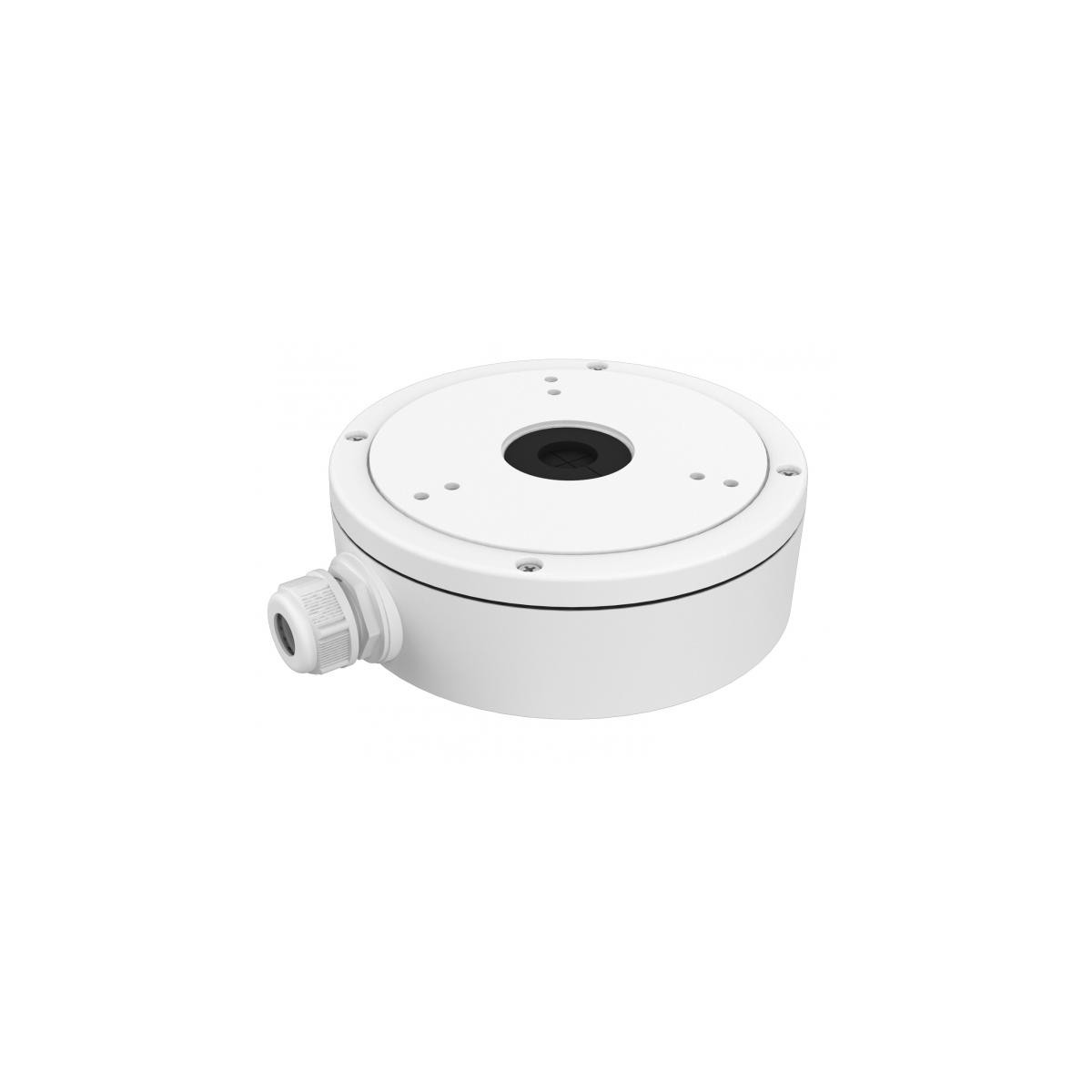 White round junction box with cable gland and central opening.