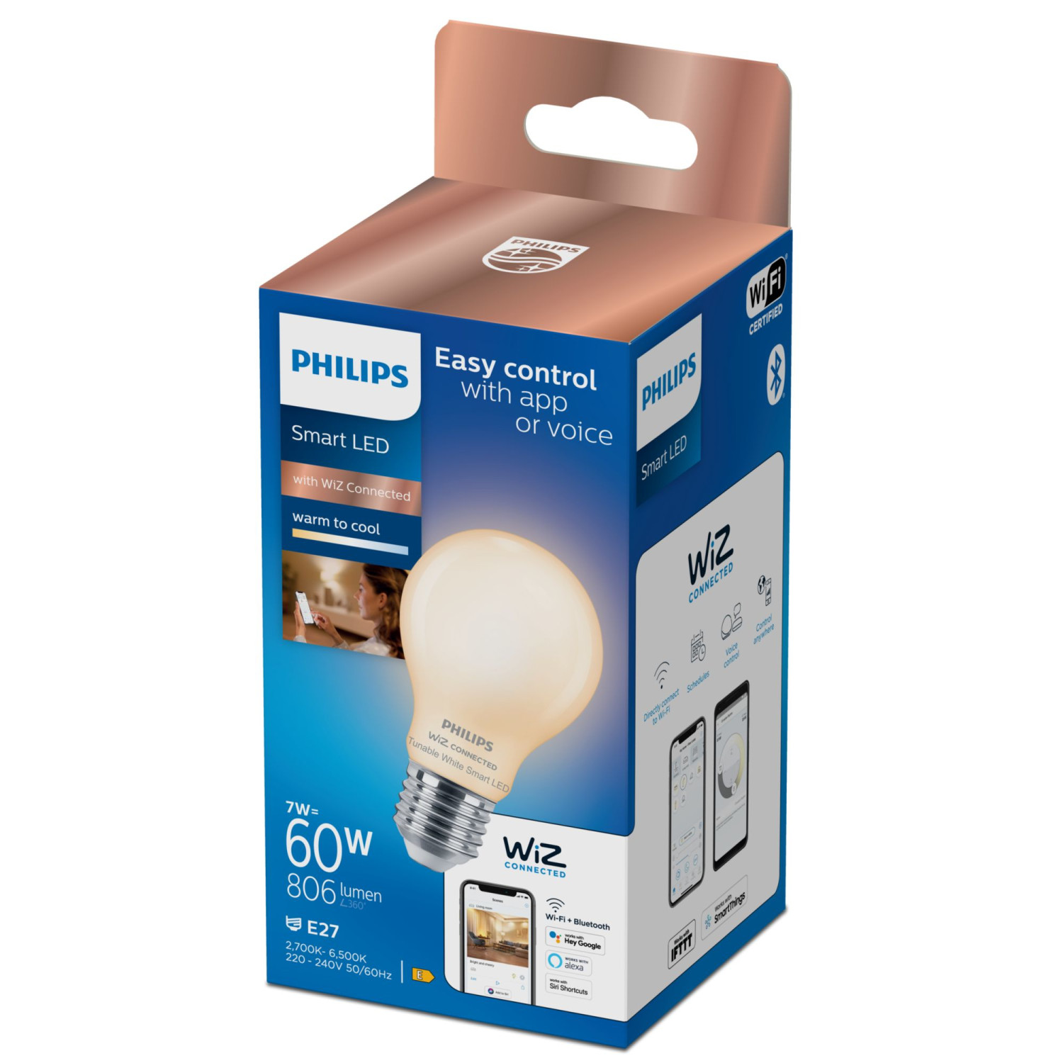 Pudełko inteligentnej żarówki LED Philips z WiZ Connected. Pokazuje żarówkę, zrzuty ekranu aplikacji i specyfikacje.
