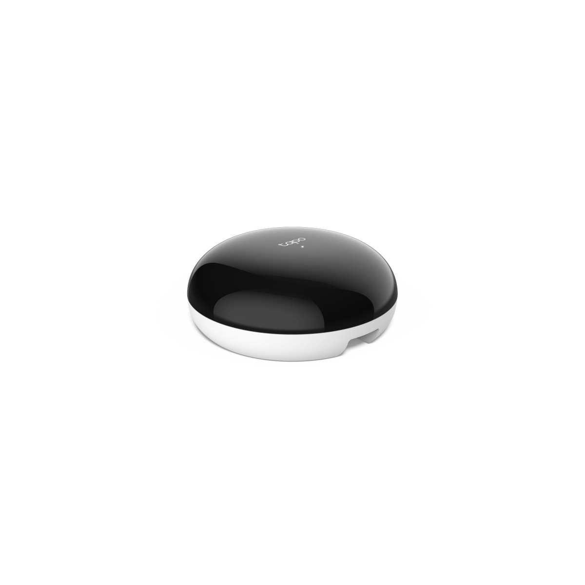 Un dispositivo smart home nero lucido con base bianca su sfondo bianco.