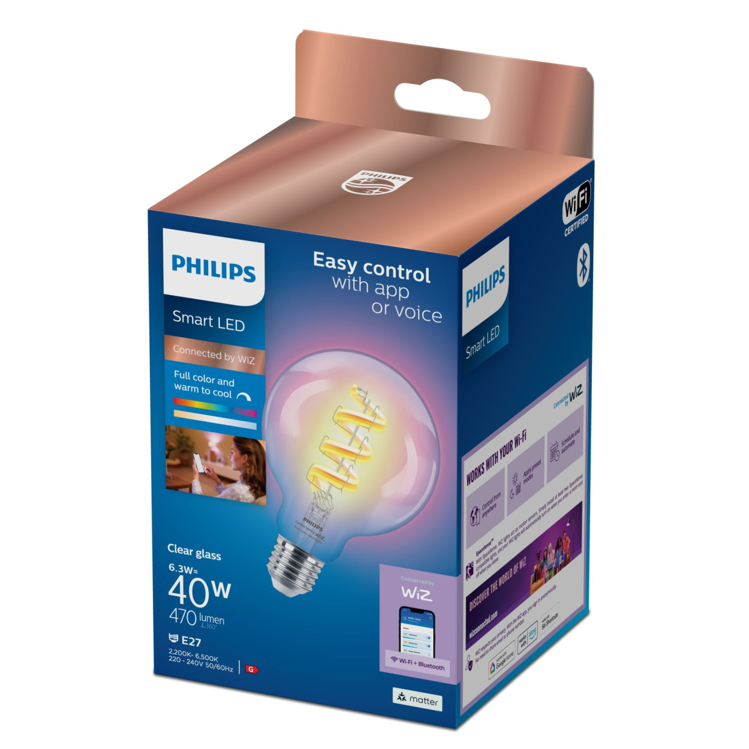 Philips Smart LED-lamp verpakking met lamp en productinformatie.